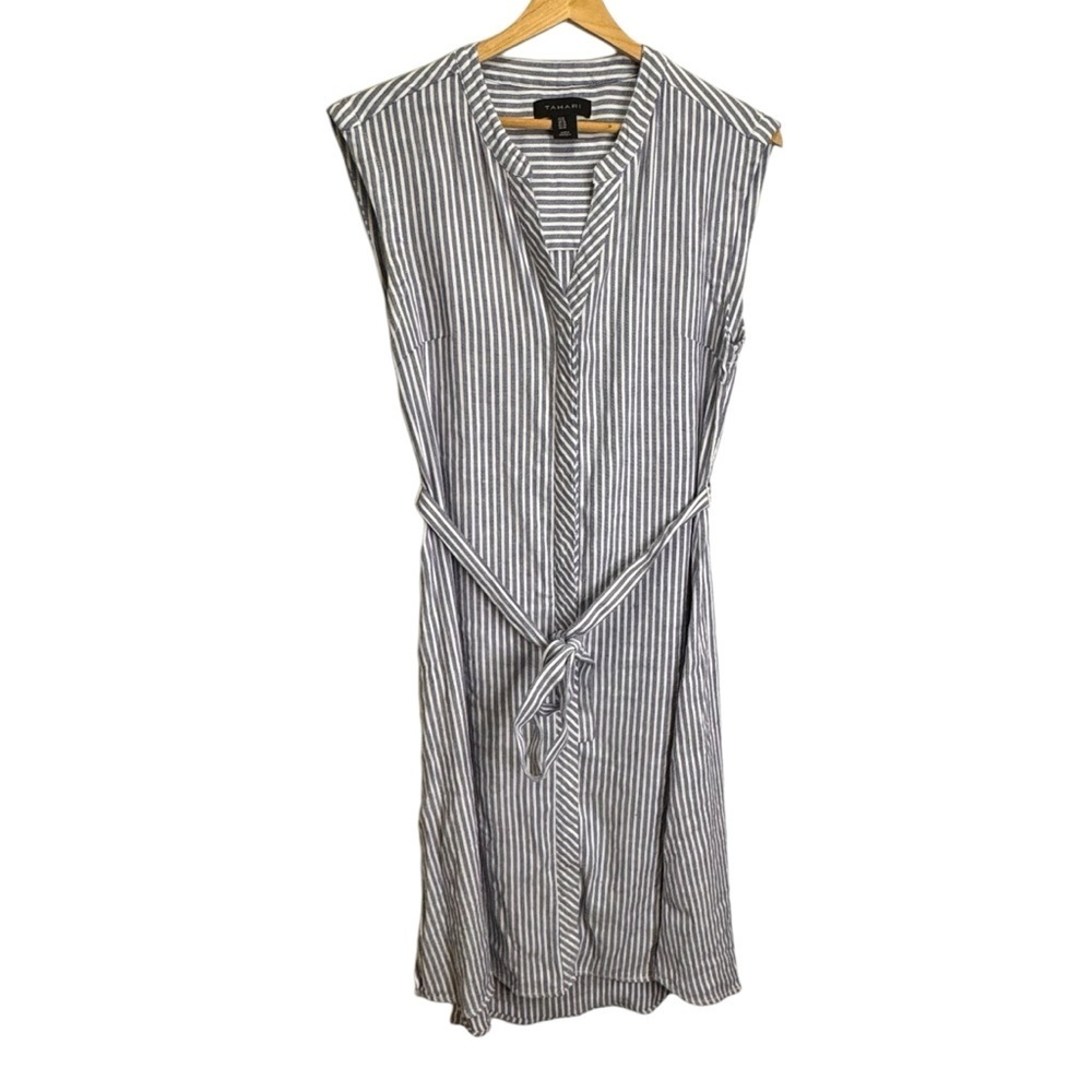 Tahari Linen Blend Sleeveless Blue White Stripes Belted Button Front Size 6